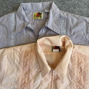 Haband Guayabera Shirt Mens 3XLT Peach Gray Zip Up Embroidery Short Sleeve Lot 2